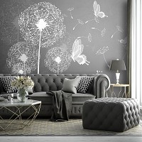 Флизелиновые фотообои цветы в интерьере спальни 368x254 см Белые одуванчики и бабочки на сером фоне (10158V8) +клей - вид 2 миниатюра