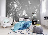 Флизелиновые фотообои в интерьере цветы 460x300 см Белые одуванчики и бабочки на сером фоне (10158V12) +клей