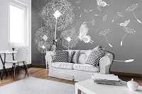 Флизелиновые фотообои цветы Белые одуванчики и бабочки на сером фоне (10158V)+клей