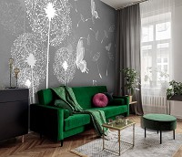 Флизелиновые фотообои цветы 254x184 см Белые одуванчики и бабочки на сером фоне (10158V4)+клей