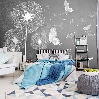 Флізелінові фотошпалери квіти 416x290 см Білі кульбаби та метелики на сірий фон (10158VEXXXXL)+клей