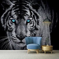 Флізелінові чорно-білі фотошпалери красиві тварини 416x254 см Тигр з блакитними очима (10202VEXXXL) +клей