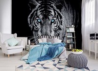 Флизелиновые черно-белые фотообои с животными 368x280 см Тигр с голубыми глазами (10202V10) +клей