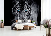 Флизелиновые черно-белые фотообои для кухни животные 368x254 см Тигр с голубыми глазами (10202V8) +клей