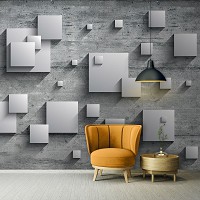 Флизелиновые 3д фотообои в спальню над кроватью 368x254 см Серые квадраты с тенью на бетонной стене (10210V8) +клей