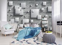 Флизелиновые 3д фотообои клетка в интерьере 312x219 см Серые квадраты с тенью на бетонной стене (10210VEXXL) +клей