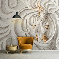 Искусство флизелиновые фотообои 254x184 см Медуза 3D Женщина в золоте на потрескавшемся барельефе (10211V4)+клей
