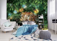 Флизелиновые фотообои 3д животные леопард 368x280 см Ягуар в зеленых тропических джунглях (10212V10) +клей