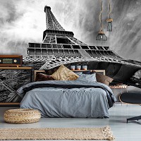 Флизелиновые фотообои вид на 3д город Париж 254x184 см Черно-белая Эйфелева башня (10215V4)+клей