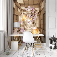 Флизелиновые фотообои 3D Цветы 206x275 см Туннель с шарами и ветками сакуры (10217VEA)+клей