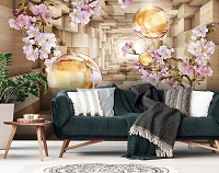 Флизелиновые фотообои 3 д 312x219 см Цветы Туннель с шарами и ветками сакуры (10217VEXXL) +клей