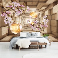 Искусство флизелиновые фотообои 416x254 см 3д Цветы Туннель с шарами и ветками сакуры (10217VEXXXL) +клей