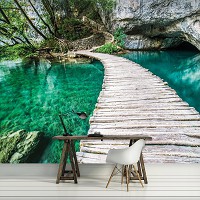 Флизелиновые 3д фотообои с природой 312x219 см Мостик на бирюзовом пруду (10220VEXXL) +клей