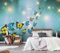Популярные флизелиновые фотообои 416x254 см 3D Желтые и синие бабочки (10225VEXXXL)+клей