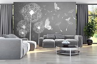 Флизелиновые фотообои для зала цветы 416x290 см Белые одуванчики и бабочки на сером фоне (10227VEXXXXL) +клей
