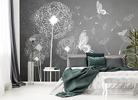 Флизелиновые фотообои Цветы Белые одуванчики и бабочки на сером фоне (10227V)+клей