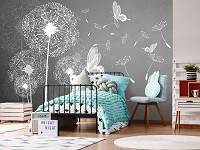 Флизелиновые фотообои в спальню цветы 254x184 см Белые одуванчики и бабочки на сером фоне (10227V4)+клей