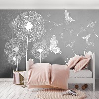 Флизелиновые фотообои цветы в интерьере 416x254 см Белые одуванчики и бабочки на сером фоне (10227VEXXXL) +клей