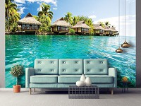 Флизелиновые 3д фотообои с морской тематикой 368x280 см Мальдивы - бунгало на берегу океана (10228V10) +клей