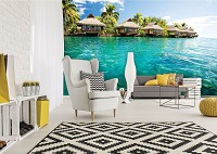 Флизелиновые 3д фотообои для кухни море 312x219 см Мальдивы - бунгало на берегу океана (10228VEXXL) +клей