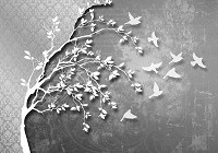 Флізелінові фото шпалери 3Д 416x254 см Біле дерево та птахи на сірий фон (10231VEXXXL)+клей - вид 1 мініатюра