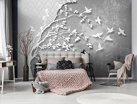 Флизелиновые фотообои для зала 3Д Белое дерево и птицы на сером фоне (10231V)+клей