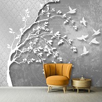 Флизелиновые фото обои 3Д 312x219 см Белое дерево и птицы на сером фоне (10231VEXXL)+клей