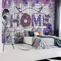 Флизелиновые фотообои в интерьере спальни 416x254 см Надпись HOME с цветами (10234VEXXXL)+клей