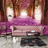Флизелиновые фотообои цветы в интерьере спальни Деревья 416x254 см Аллея усыпанная лепестками (10236VEXXXL)+клей