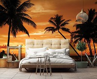 Красивые флизелиновые фотообои с природой Море Пейзаж 312x219 см Пальмы в лучах заката (10237VEXXL)+клей