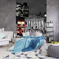 Флизелиновые черно-белые фотообои вечерний город 206x275 см Красный двухэтажный автобус в Лондоне (10241VEA) +клей