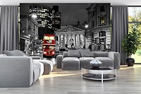 Флизелиновые фотообои черно-белый город фото 254x184 см Красный двухэтажный автобус в ночном Лондоне (10241V4)+клей