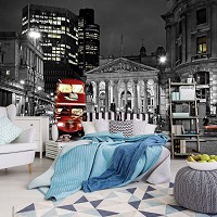 Флизелиновые фотообои черно-белый город фото 312x219 см Красный двухэтажный автобус в ночном Лондон 10241VEXXL+клей