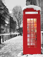 Флизелиновые черно-белые фотообои снег 184x254 см Красная телефонная будка в городе Лондон (10249V4A)+клей - вид 1 миниатюра