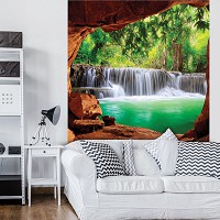 Флизелиновые 3д фото обои лес 206х275 см Водопад и пещера (10258VEA)+клей