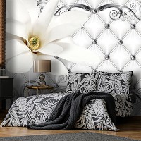 Флизелиновые 3д фотообои для спальни 368x280 см Гламурный стиль Белый цветок на стеганом узоре (10305V10) +клей