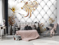 Флизелиновые 3д фотообои 520x318 см Стеганый узор с двумя белыми цветами в гламурном стиле (10309VEXXXXXL) +клей