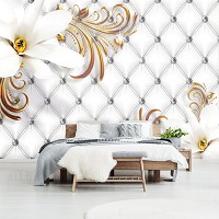 Флизелиновые фотообои 3д 368x254 см Стеганый узор с двумя белыми цветами в гламурном стиле (10309V8) +клей