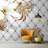 Флизелиновые 3д фотообои 312x219 см Стеганый узор с двумя белыми цветами в гламурном стиле (10309VEXXL) +клей