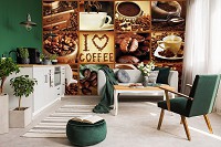 Моющиеся флизелиновые фотообои на кухню 416x290 см Коллаж - кофейные чашки и зерна (10316VEXXXXL) +клей
