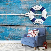 Флизелиновые фотообои морская тематика 312x219 см Спасательный круг на синих досках (10324VEXXL) +клей