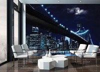 Флизелин - комната с фотообоями 3д в синих тонах 368x254 см Мост под луной в ночном городе Нью-Йорк (10328V8)+клей