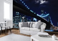 Флизелиновые фото обои с городом на стену 3д в синих тонах 312x219см Мост под луной в ночном Нью-Йорке (10328VEXXL)+клей