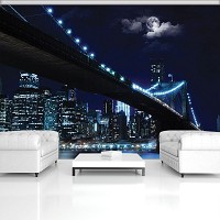 Флізелінові фотошпалери 3д у синіх тонах Міст під місяцем у нічному місті Нью-Йорк (10328V)+клей