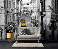 Флізелінові фотошпалери чорно-біла вулиця міста фото 368x254 см Жовтий трамвай (10330V8)+клей - вид 8 мініатюра