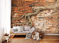 3д флизелиновые фотообои кирпич 368x254 см Корень на стене (10333V8)+клей