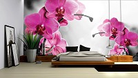 Флизелиновые 3Д фотообои в интерьере кухни гостиной 368x254 см Розовые орхидеи на черно-белом фоне (1034V8)+клей - вид 5 миниатюра