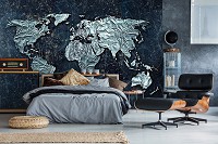 Флизелиновые фотообои на стену 368x254 см 3Д Карта мира из металла на темно-синем фоне (10385V8) +клей