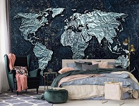 Флизелиновые фотообои на всю стену 312x219 см 3Д Карта мира из металла на темно-синем фоне (10385VEXXL) +клей