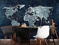 Флизелиновые фотообои в зал Стиль лофт 3Д Карта мира из металла на темно-синем фоне (10385V)+клей